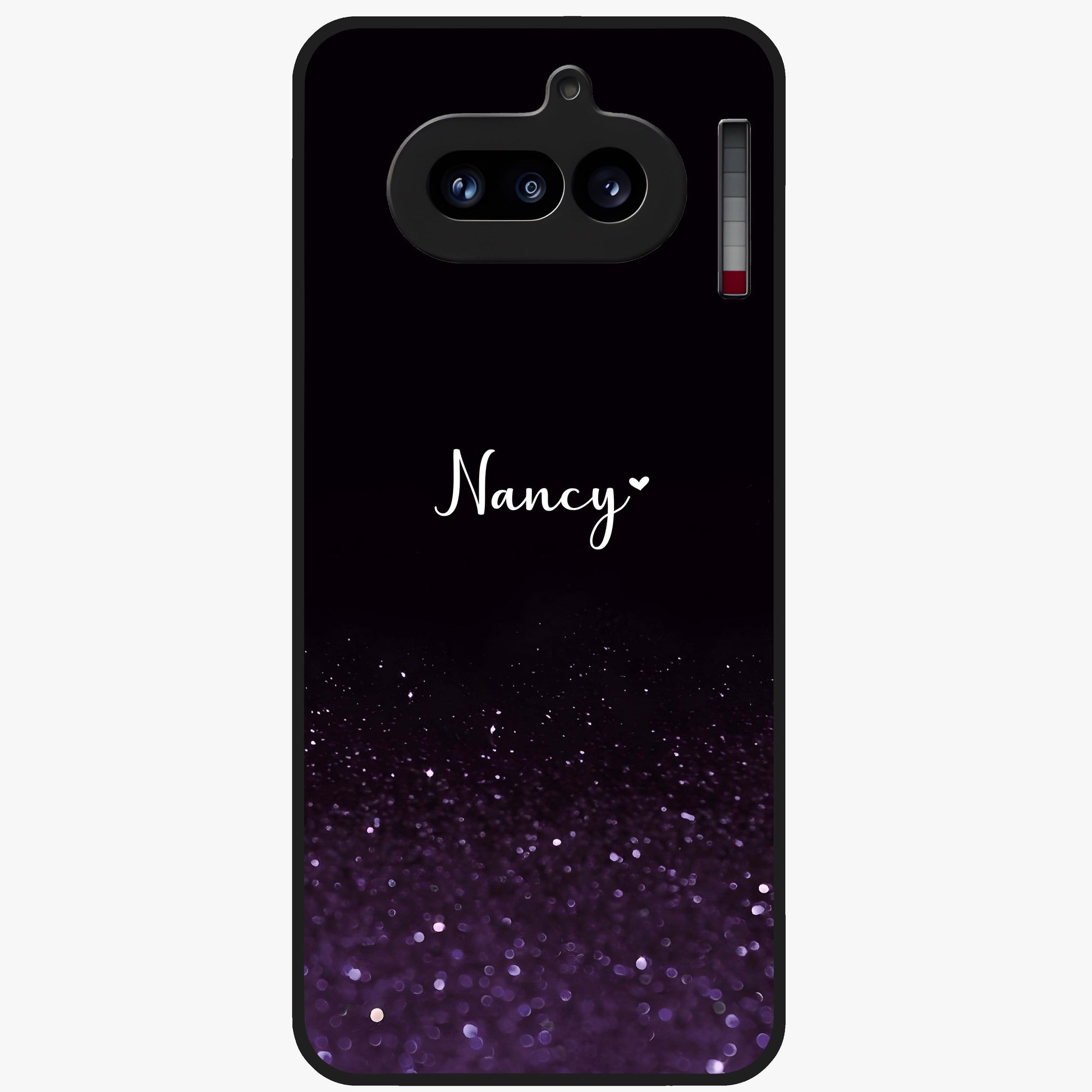 Glittery Purple Bokeh Custom Name Glass Case showing flat back view with purple bokeh sparkle artwork and personalized name design.