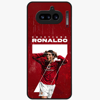 Goal Celebration Legacy Glass Case showing flat back view with football celebration inspired artwork and glossy glass finish.