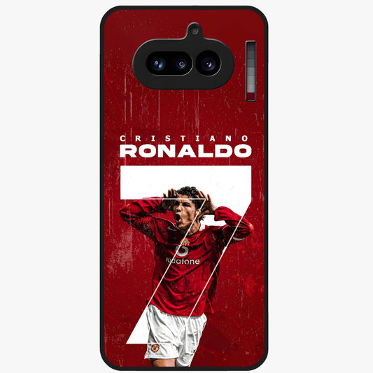 Goal Celebration Legacy Glass Case showing flat back view with football celebration inspired artwork and glossy glass finish.