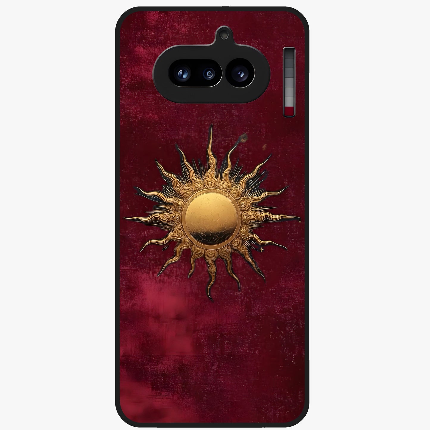 Gold Sun Blush Glass Case showing flat back view with golden sun inspired artwork and glossy glass finish.