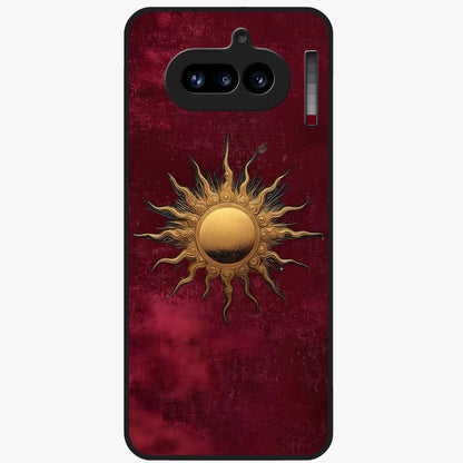 Gold Sun Blush Glass Case showing flat back view with golden sun inspired artwork and glossy glass finish.