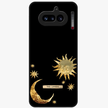 Golden Celestial Charm Glass Case showing flat back view with golden celestial charm artwork and glossy glass finish.