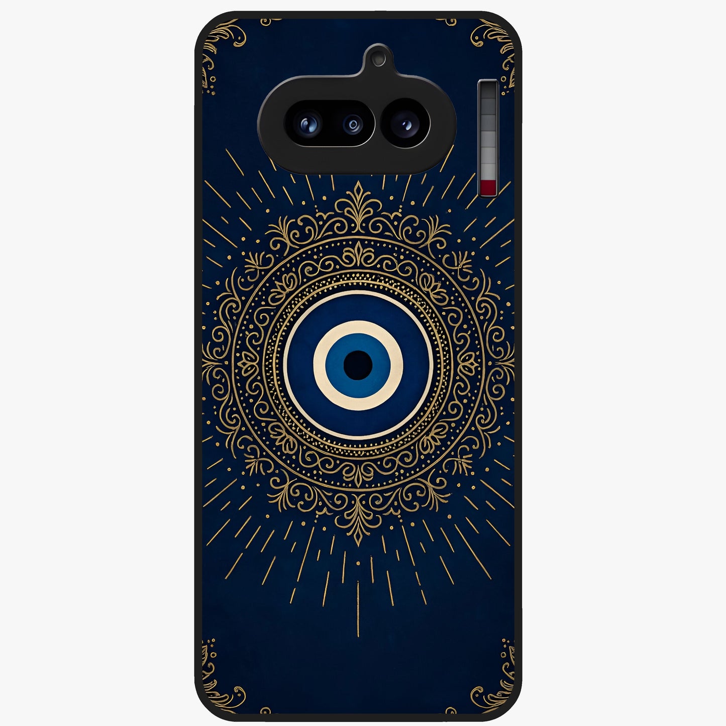 Golden Evil Eye Mandala Glass Case showing flat back view with intricate evil eye mandala artwork and glossy glass finish.