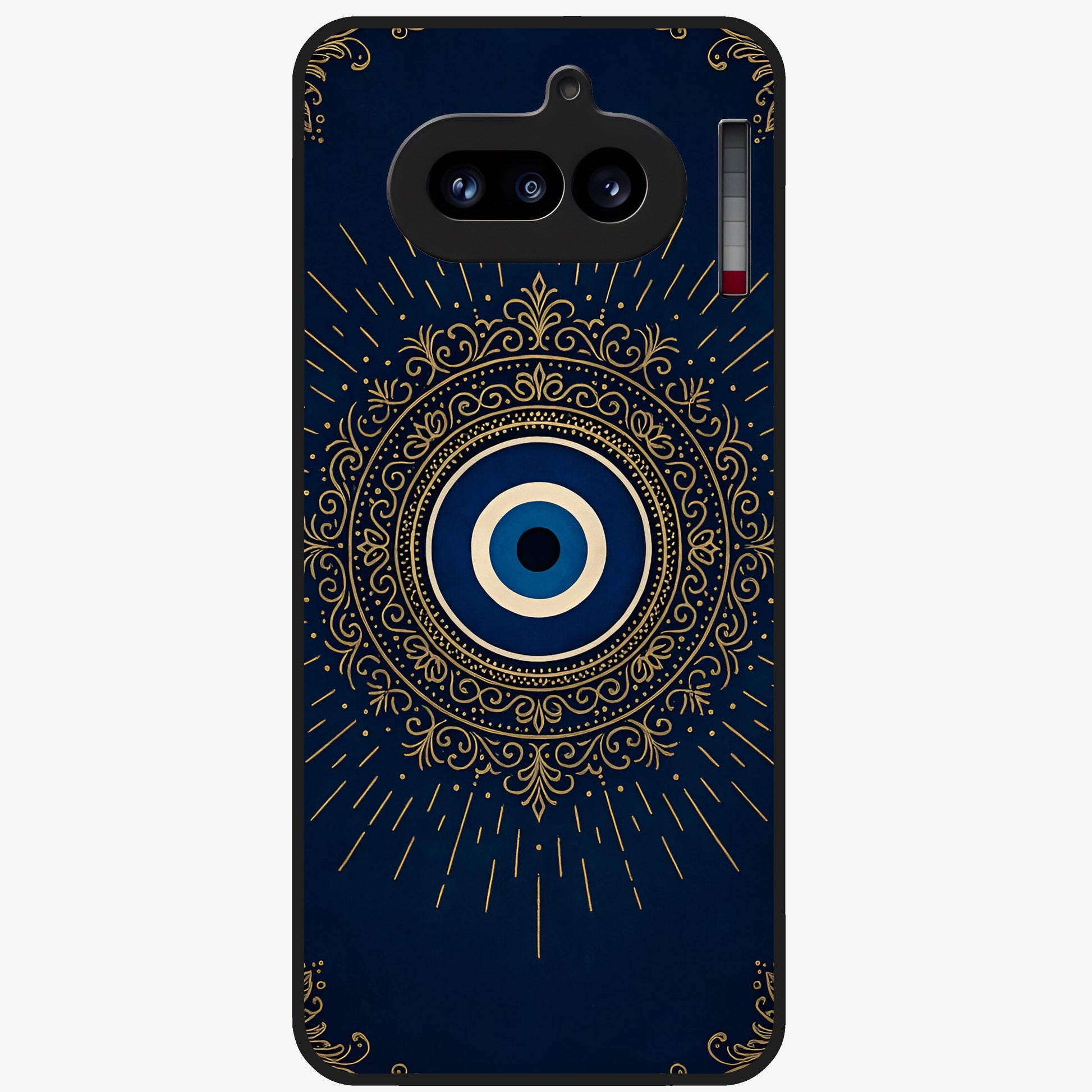 Golden Evil Eye Mandala Glass Case showing flat back view with intricate evil eye mandala artwork and glossy glass finish.