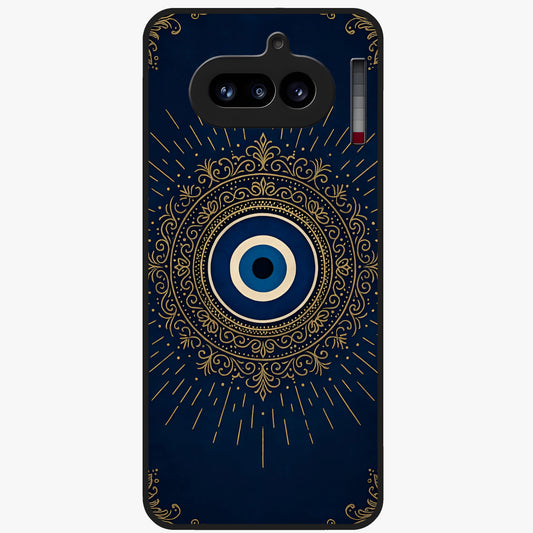 Golden Evil Eye Mandala Glass Case showing flat back view with intricate evil eye mandala artwork and glossy glass finish.