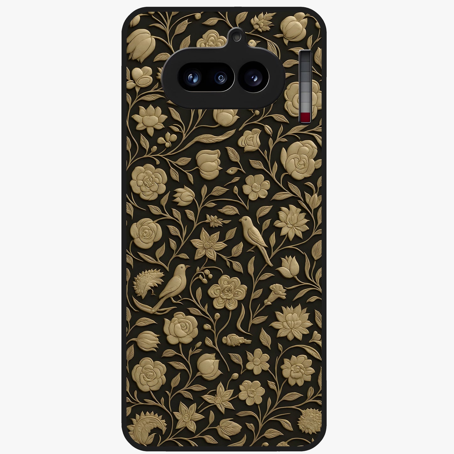 Golden Floral Majesty Glass Case showing flat back view with luxurious golden floral artwork and glossy glass finish.