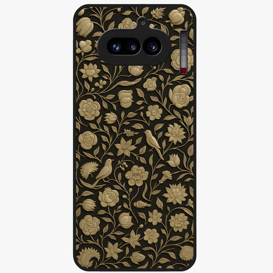 Golden Floral Majesty Glass Case showing flat back view with luxurious golden floral artwork and glossy glass finish.