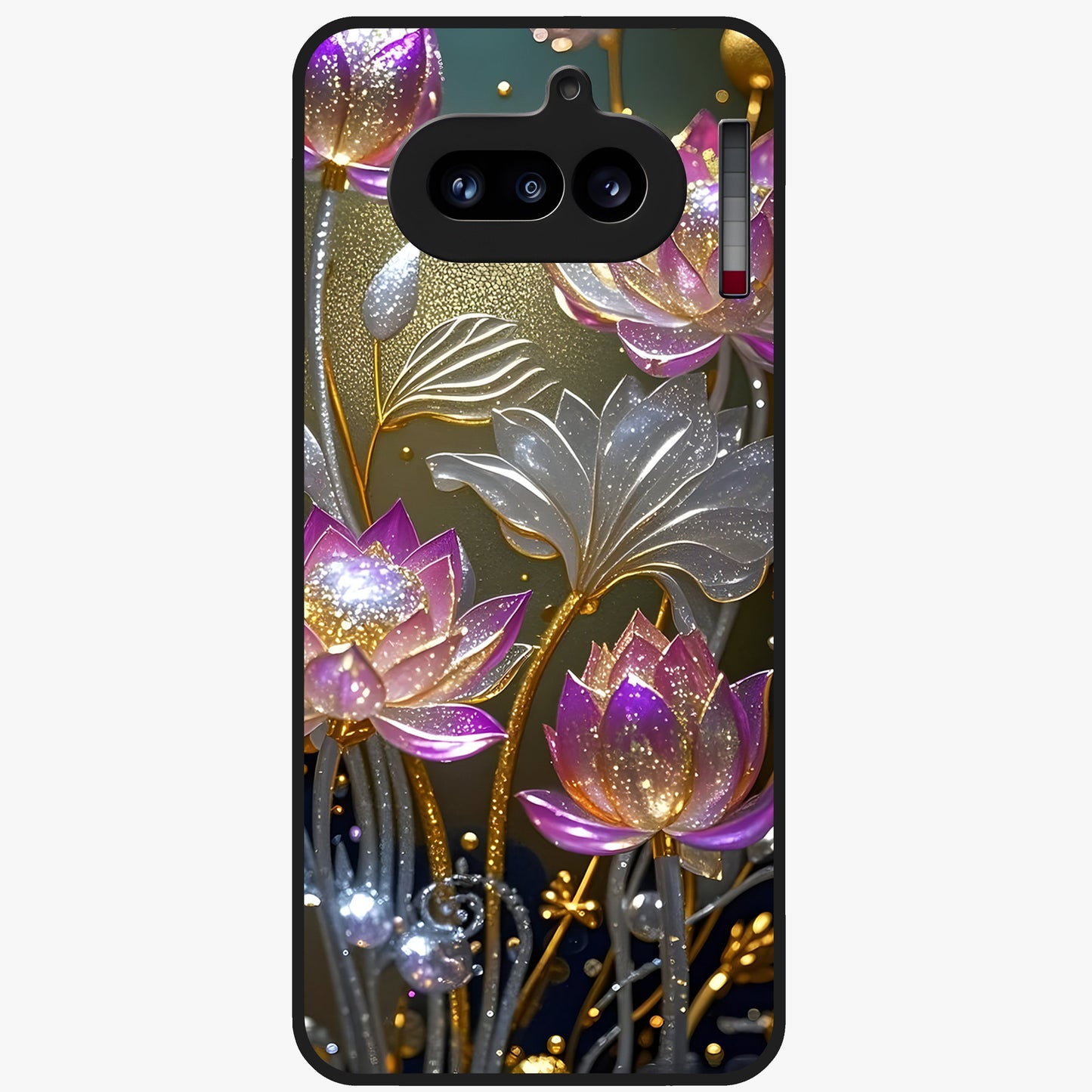 Golden Lotus Glow Glass Case showing flat back view with glowing lotus flower artwork and glossy glass finish.