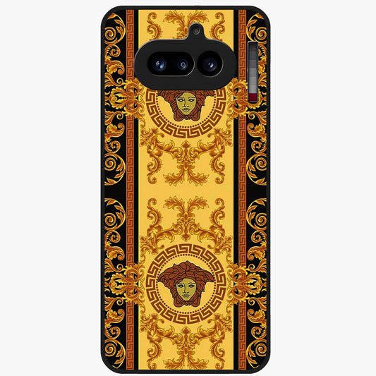 Golden Royal Heritage Glass Case showing flat back view with ornate royal pattern artwork and glossy glass finish.