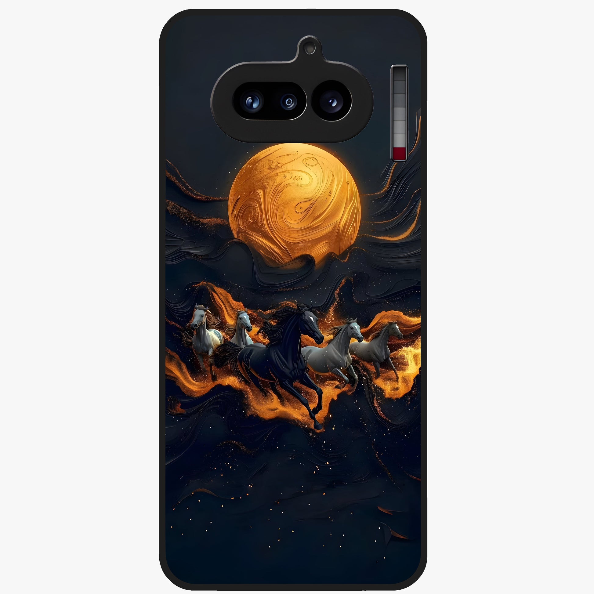 Golden Stallion Moonride Glass Case showing flat back view with majestic horse under moonlight artwork and glossy glass finish.