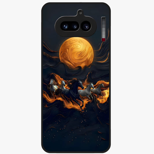 Golden Stallion Moonride Glass Case showing flat back view with majestic horse under moonlight artwork and glossy glass finish.