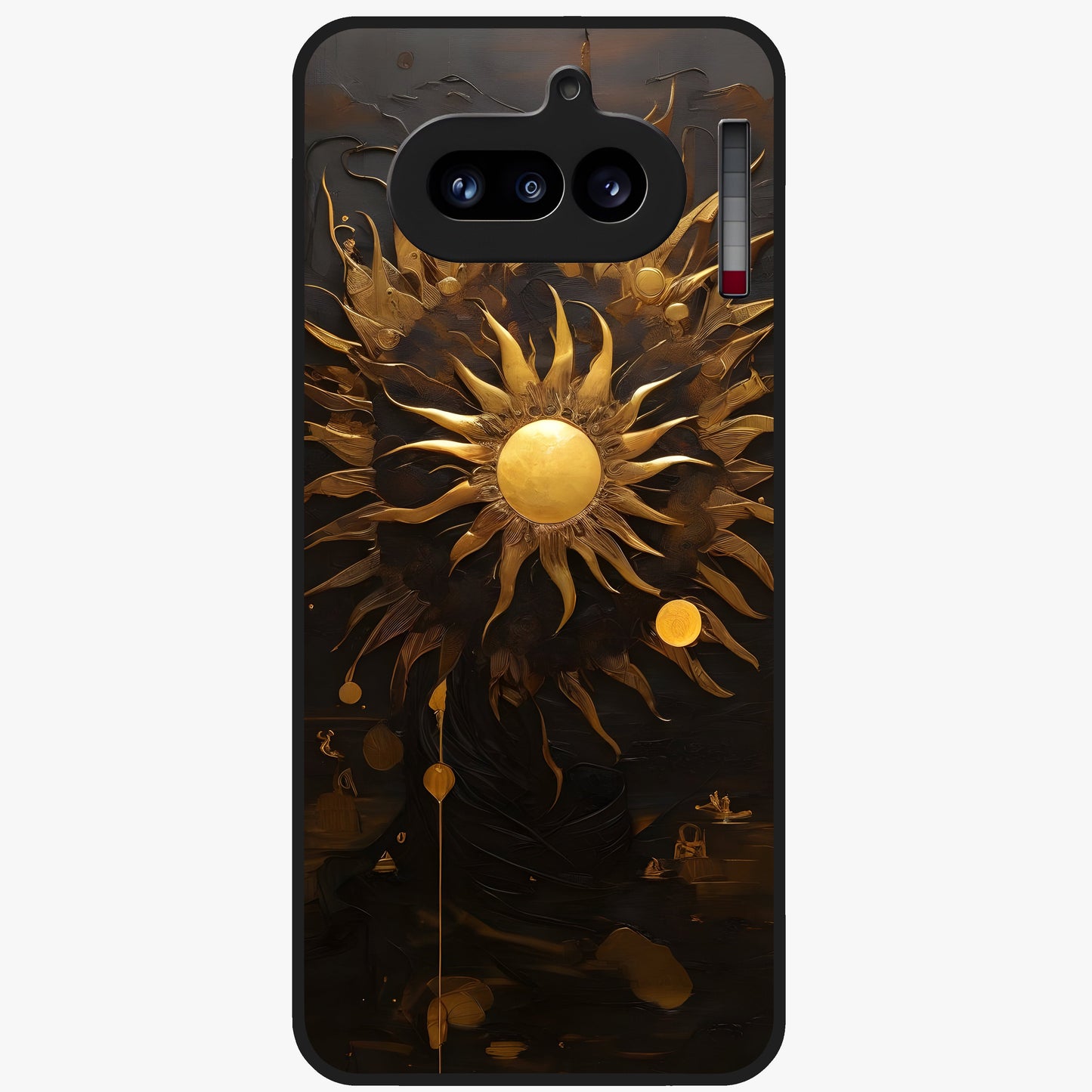 Golden Sun Majesty Glass Case showing flat back view with radiant golden sun artwork and glossy glass finish.