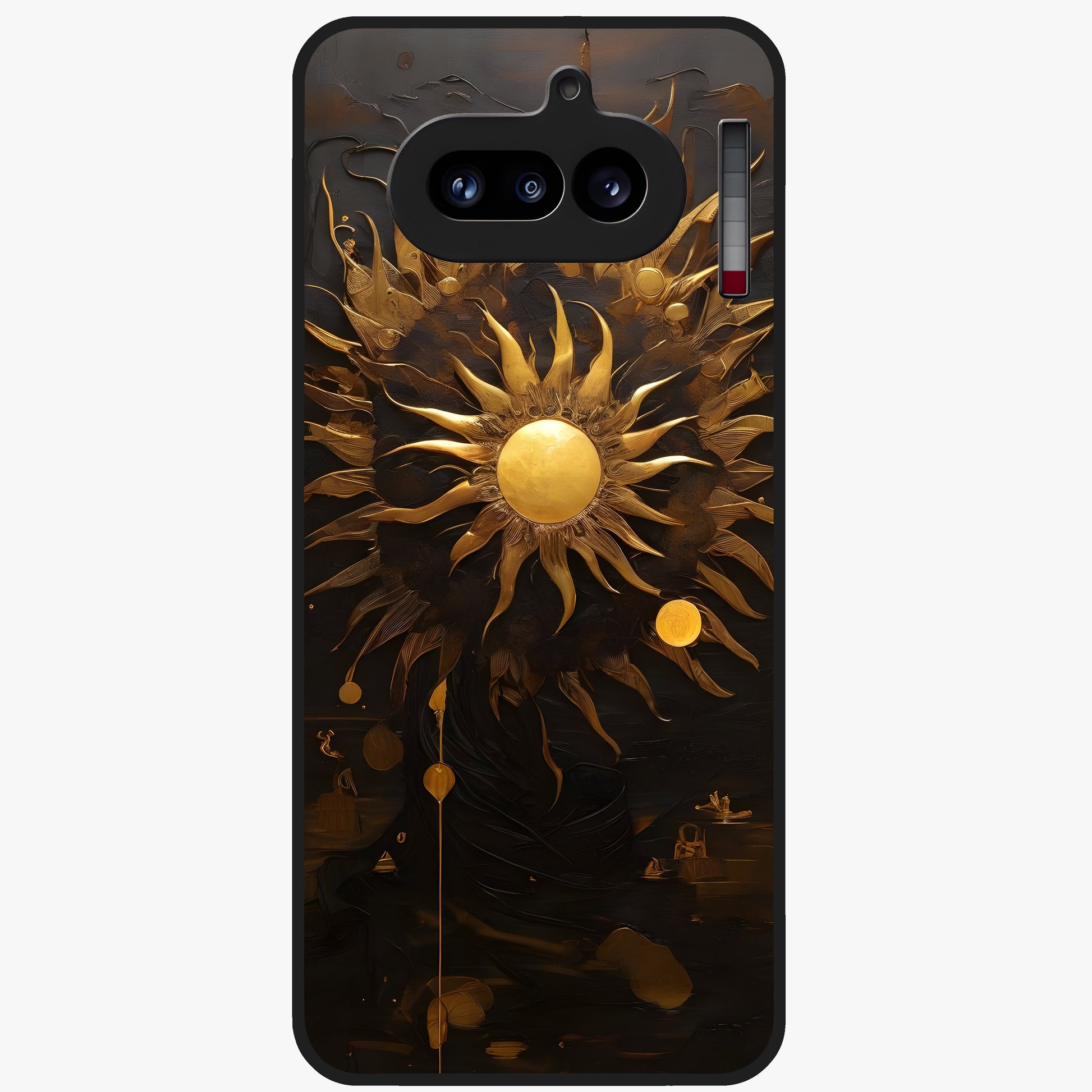 Golden Sun Majesty Glass Case showing flat back view with radiant golden sun artwork and glossy glass finish.