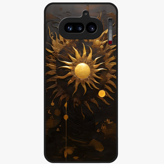 Golden Sun Majesty Glass Case showing flat back view with radiant golden sun artwork and glossy glass finish.
