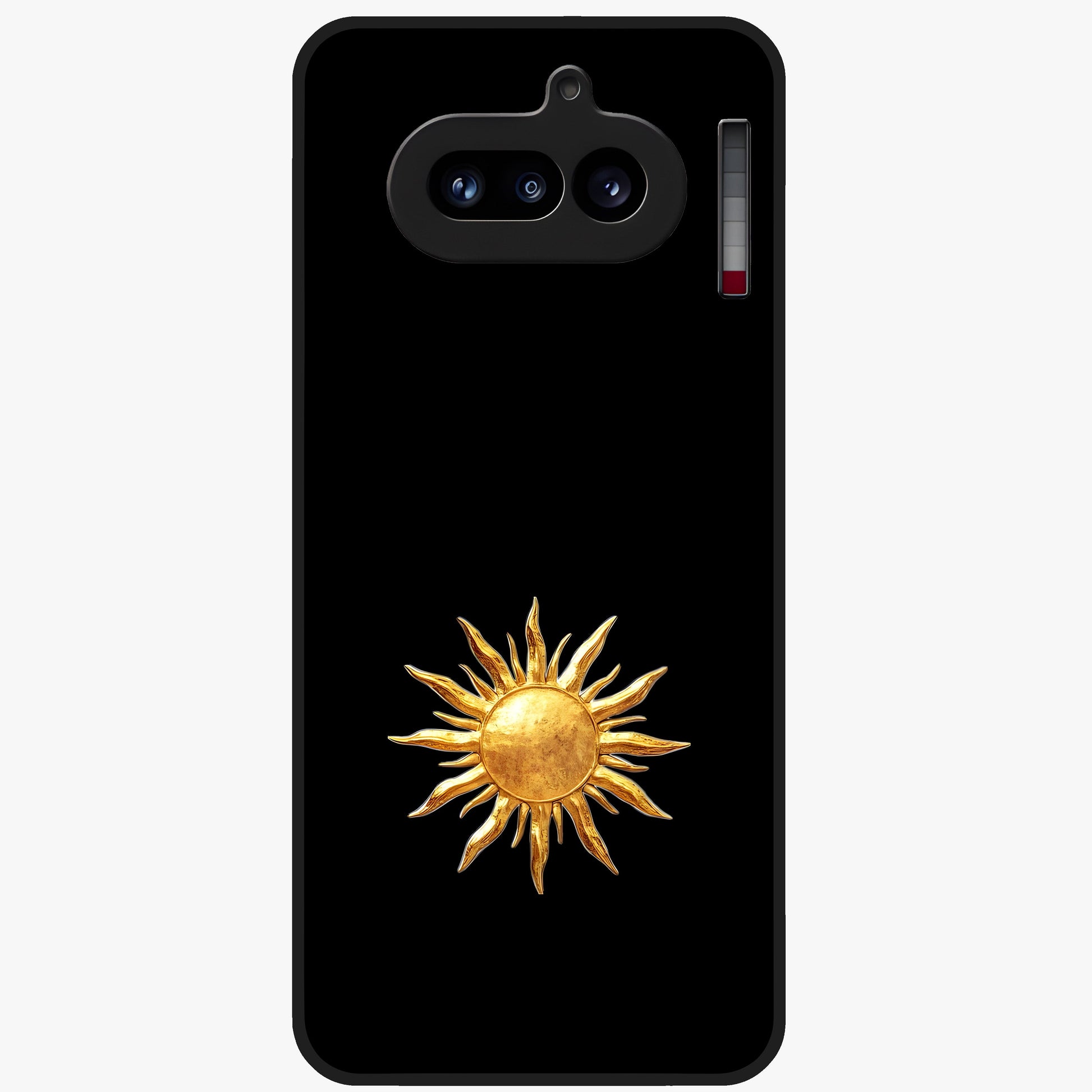Golden Sun Minimalism Glass Case showing flat back view with minimal golden sun artwork and glossy glass finish.