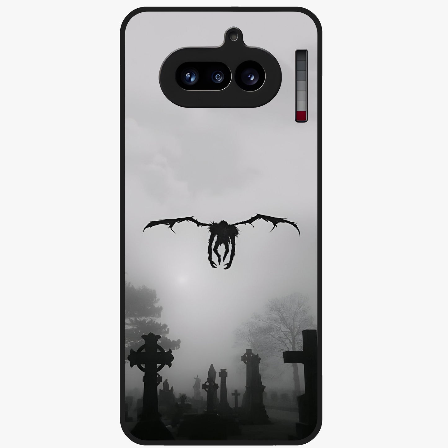 Graveyard Shadow Descent Glass Case showing flat back view with dark graveyard themed artwork and glossy glass finish.