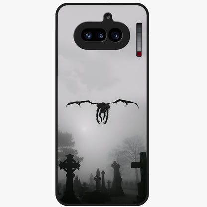 Graveyard Shadow Descent Glass Case showing flat back view with dark graveyard themed artwork and glossy glass finish.