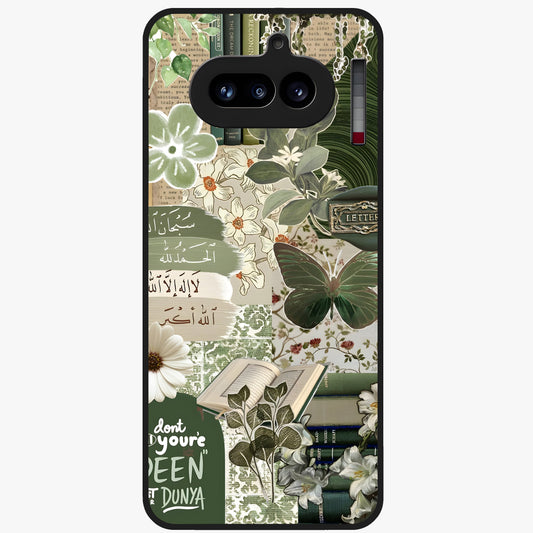 Green Islamic Books Quotes Glass Case showing flat back view with Islamic quotes and book themed artwork and glossy glass finish.