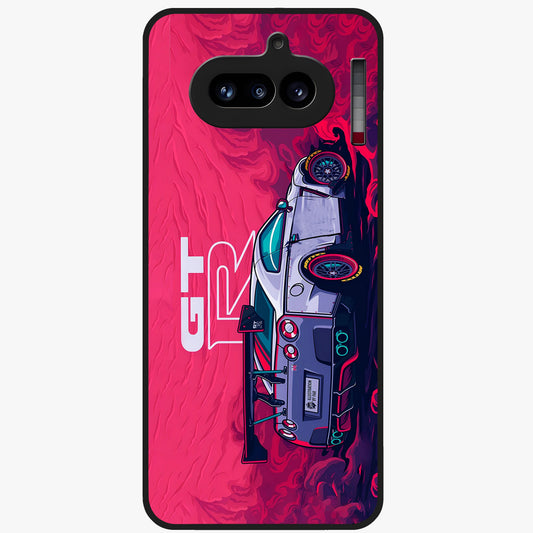 GT-R Car Pattern Glass Case showing flat back view with sporty car inspired pattern artwork and glossy glass finish.