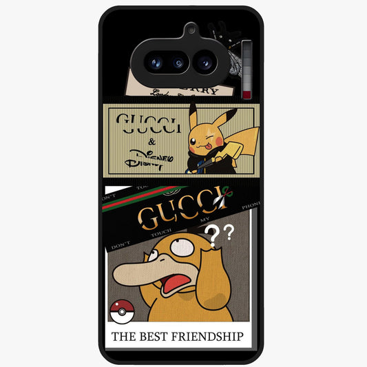 Gucci Play Mashup Glass Case showing flat back view with luxury inspired graphic artwork and glossy glass finish.