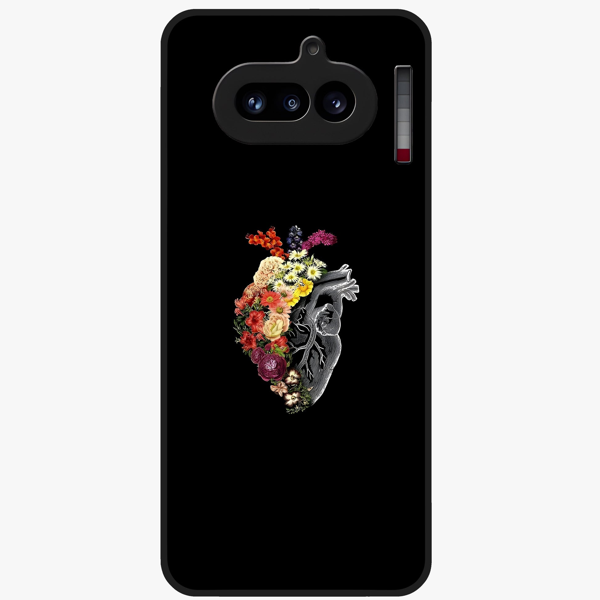 Heart With Flowers Glass Case showing flat back view with heart shaped floral artwork and glossy glass finish.