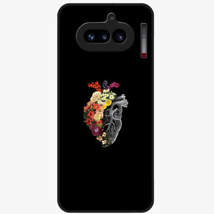 Heart With Flowers Glass Case showing flat back view with heart shaped floral artwork and glossy glass finish.