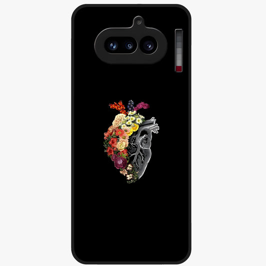 Heart With Flowers Glass Case showing flat back view with heart shaped floral artwork and glossy glass finish.
