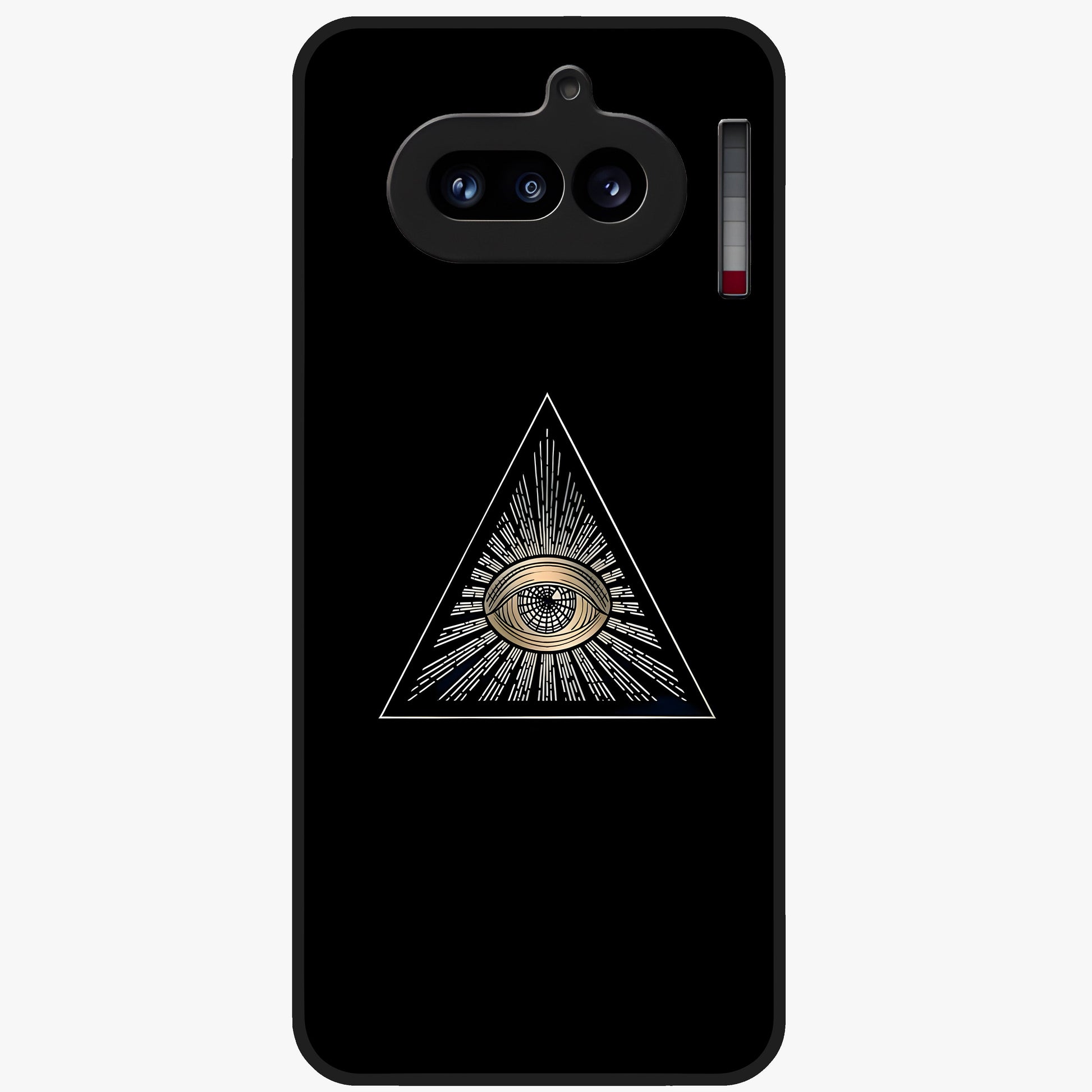 Illuminati Evil Glass Case showing flat back view with mysterious illuminati symbol artwork and glossy glass finish.
