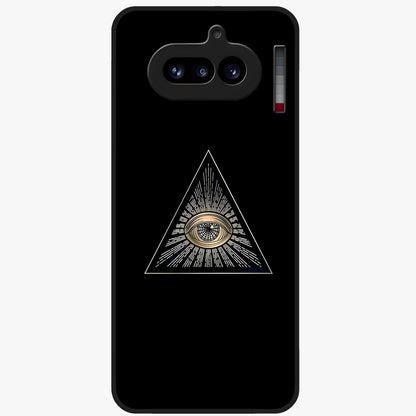 Illuminati Evil Glass Case showing flat back view with mysterious illuminati symbol artwork and glossy glass finish.