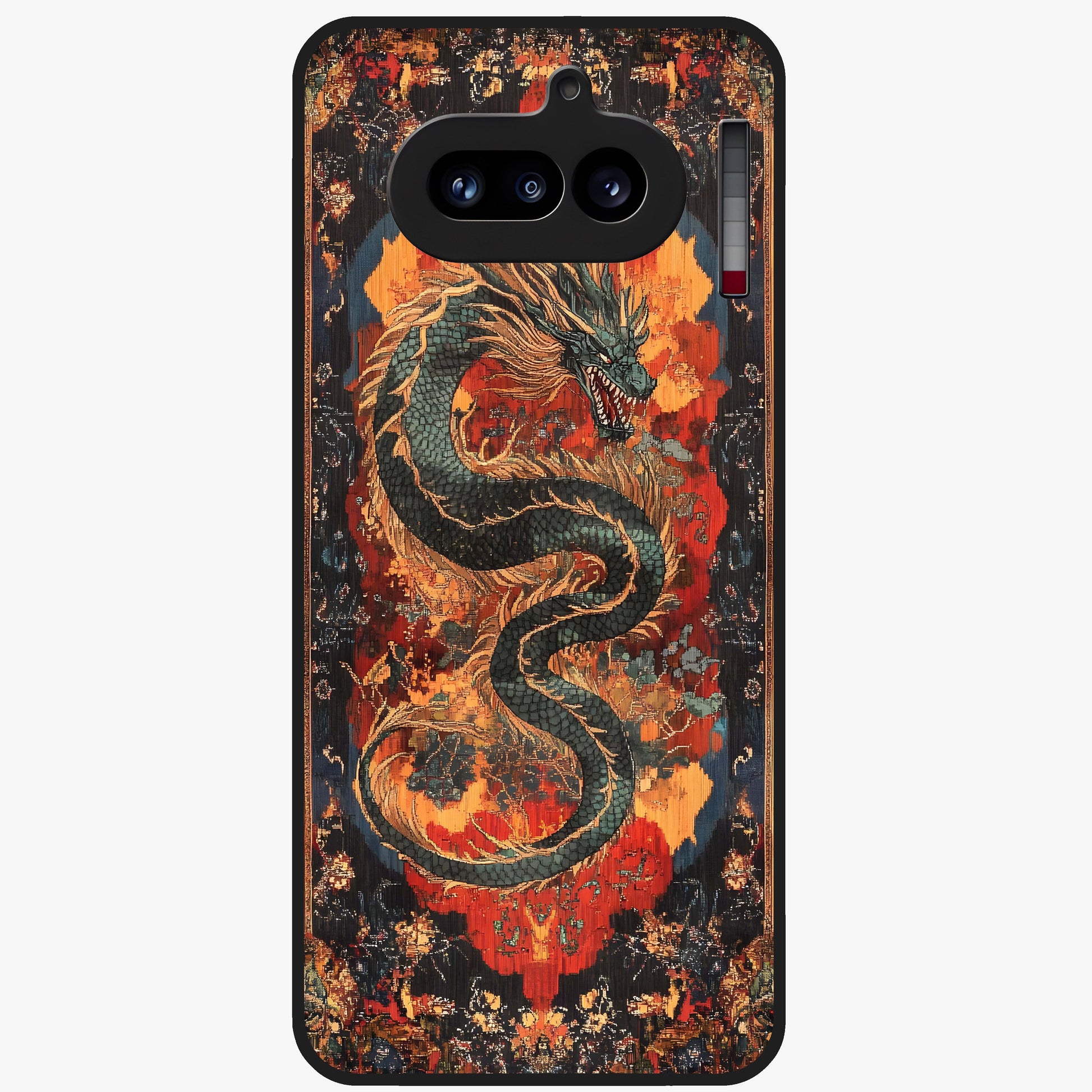 Inferno Dragon Soul Glass Case showing flat back view with fiery dragon artwork and glossy glass finish.