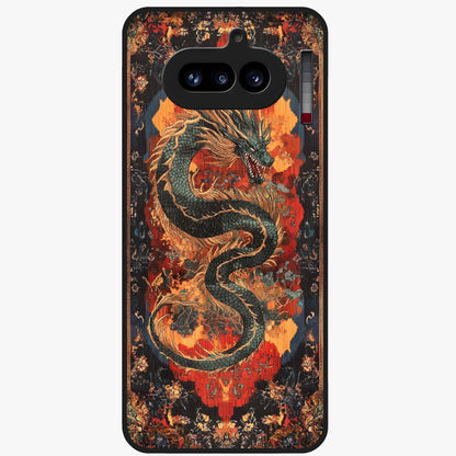 Inferno Dragon Soul Glass Case showing flat back view with fiery dragon artwork and glossy glass finish.