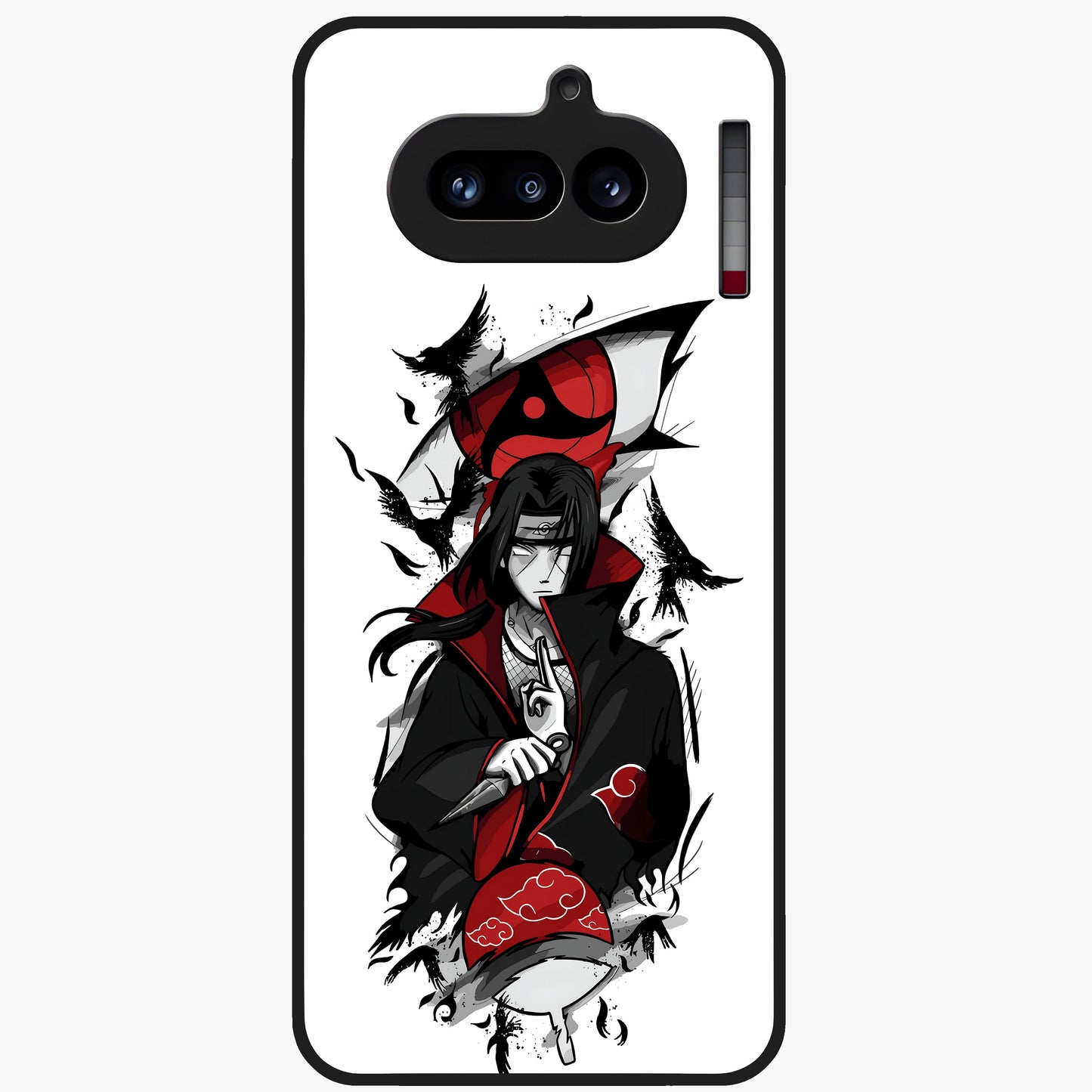 Itachi Sharingan Glass Case showing flat back view with powerful anime eye artwork and glossy glass finish.