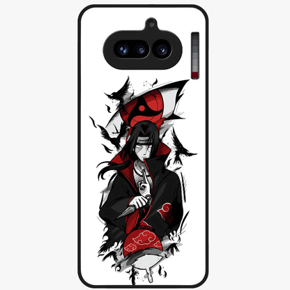 Itachi Sharingan Glass Case showing flat back view with powerful anime eye artwork and glossy glass finish.