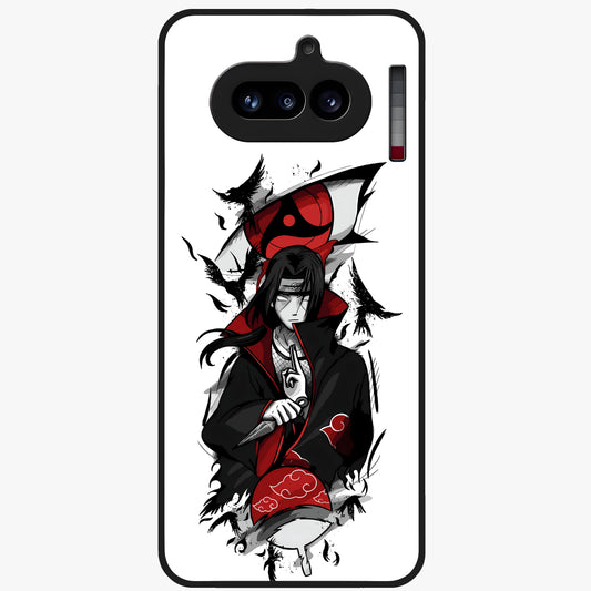 Itachi Sharingan Glass Case showing flat back view with powerful anime eye artwork and glossy glass finish.