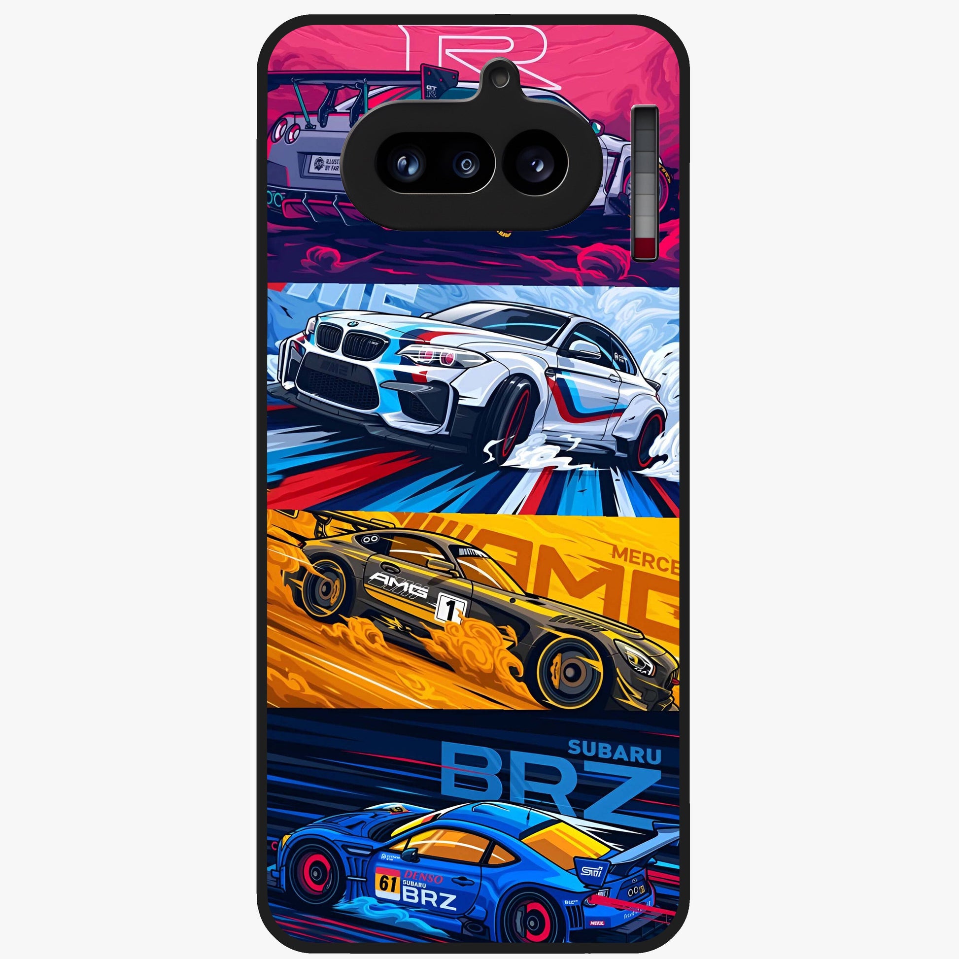 JDM Sports Car Glass Case showing flat back view with high performance sports car artwork and glossy glass finish.
