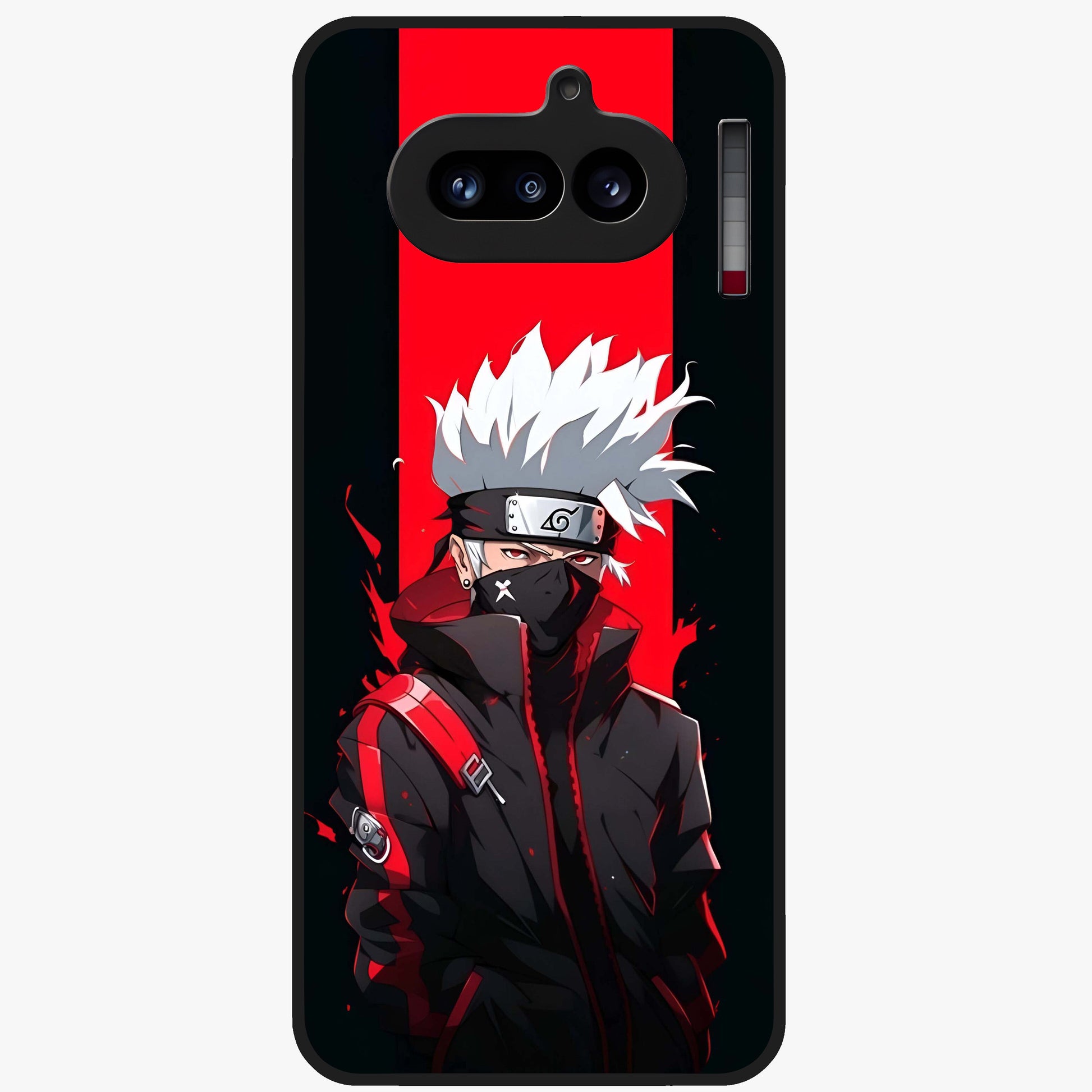 Kakashi Scarlet Shadow Glass Case showing flat back view with powerful anime ninja artwork and glossy glass finish.