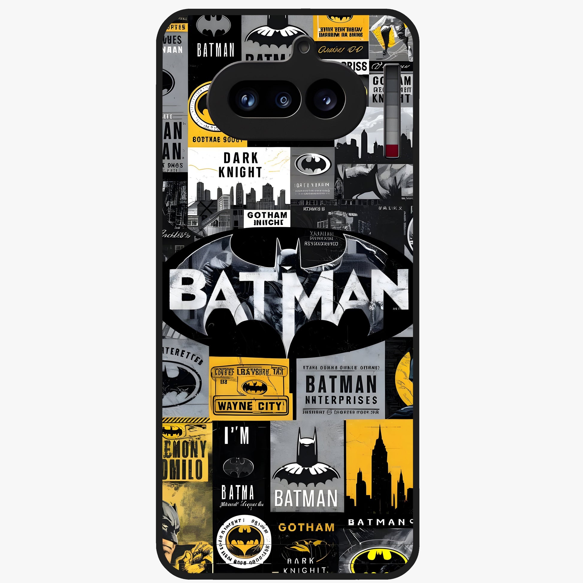 Knight Gotham Rise Glass Case showing flat back view with dark hero inspired artwork and glossy glass finish.
