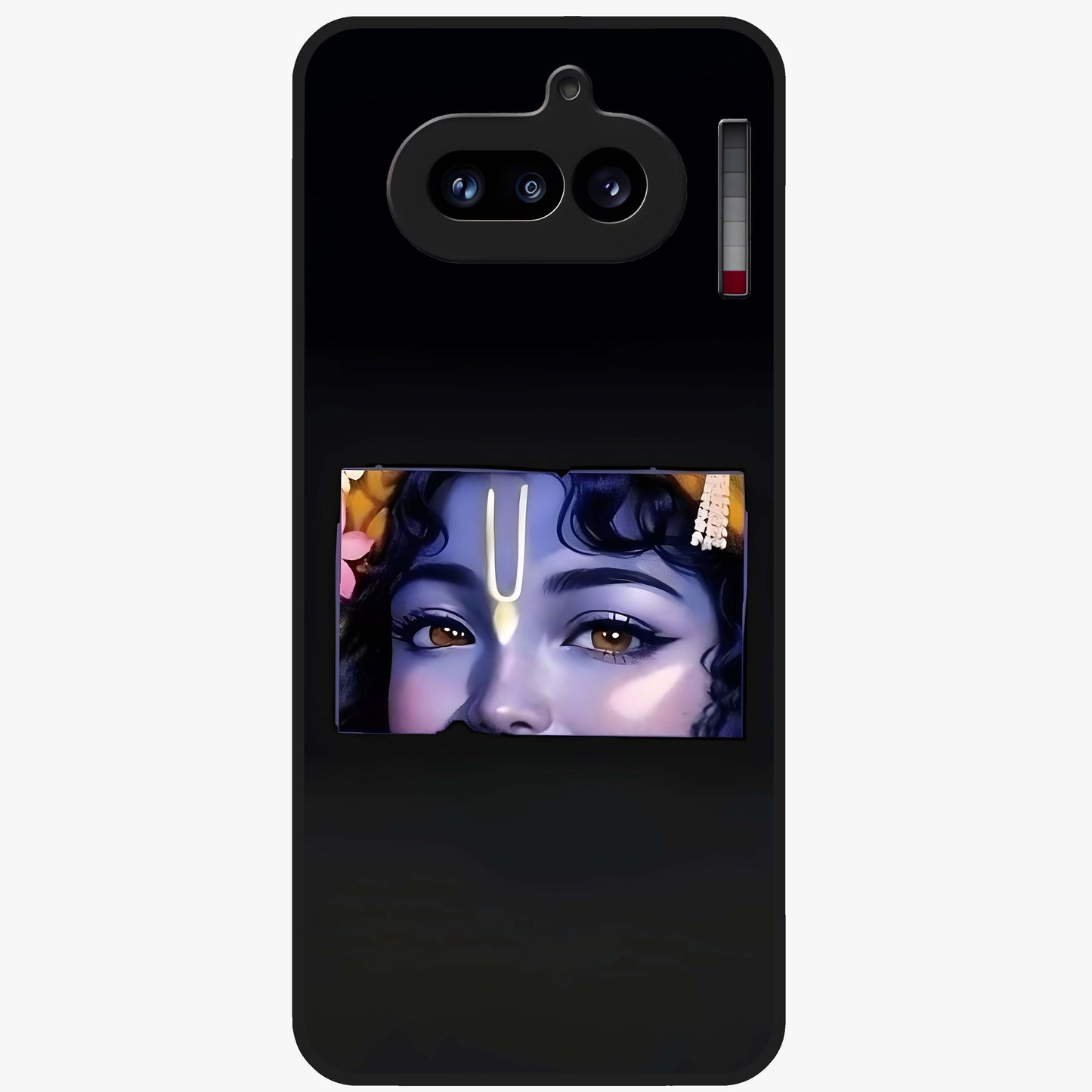 Krishna Divine Embrace Glass Case showing flat back view with Lord Krishna devotional artwork and glossy glass finish.