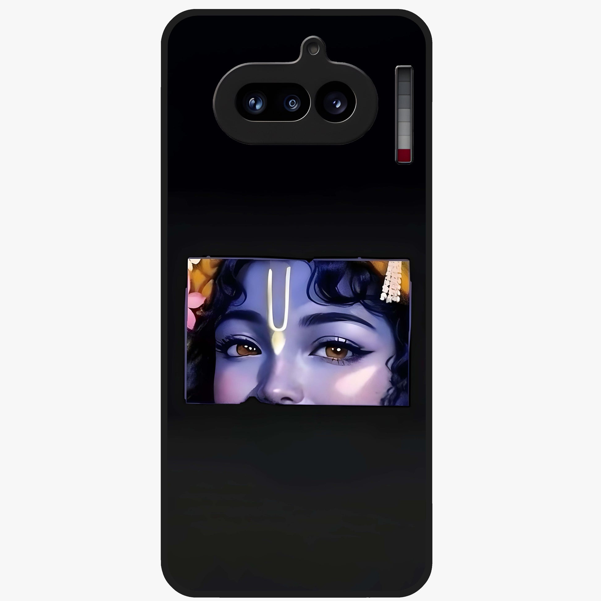 Krishna Divine Embrace Glass Case showing flat back view with Lord Krishna devotional artwork and glossy glass finish.
