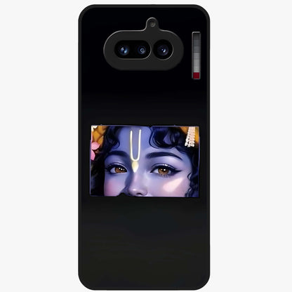 Krishna Divine Embrace Glass Case showing flat back view with Lord Krishna devotional artwork and glossy glass finish.