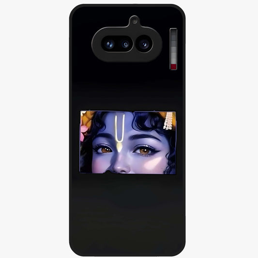 Krishna Divine Embrace Glass Case showing flat back view with Lord Krishna devotional artwork and glossy glass finish.