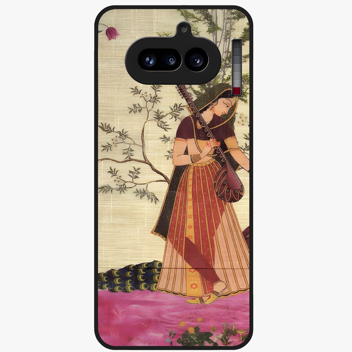 Lady With Veena Art Glass Case showing flat back view with elegant woman playing veena artwork and glossy glass finish.
