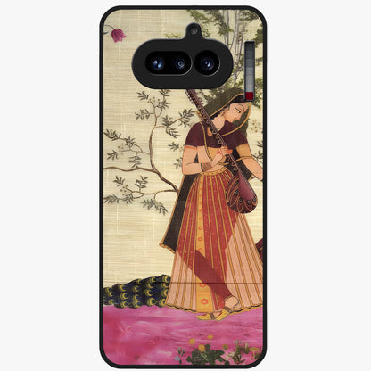 Lady With Veena Art Glass Case showing flat back view with elegant woman playing veena artwork and glossy glass finish.