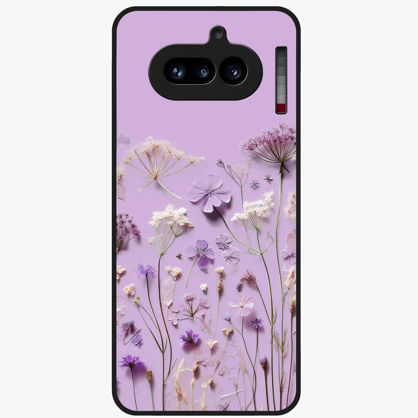 Lavender Blossom Dream Glass Case showing flat back view with soft lavender floral artwork and glossy glass finish.