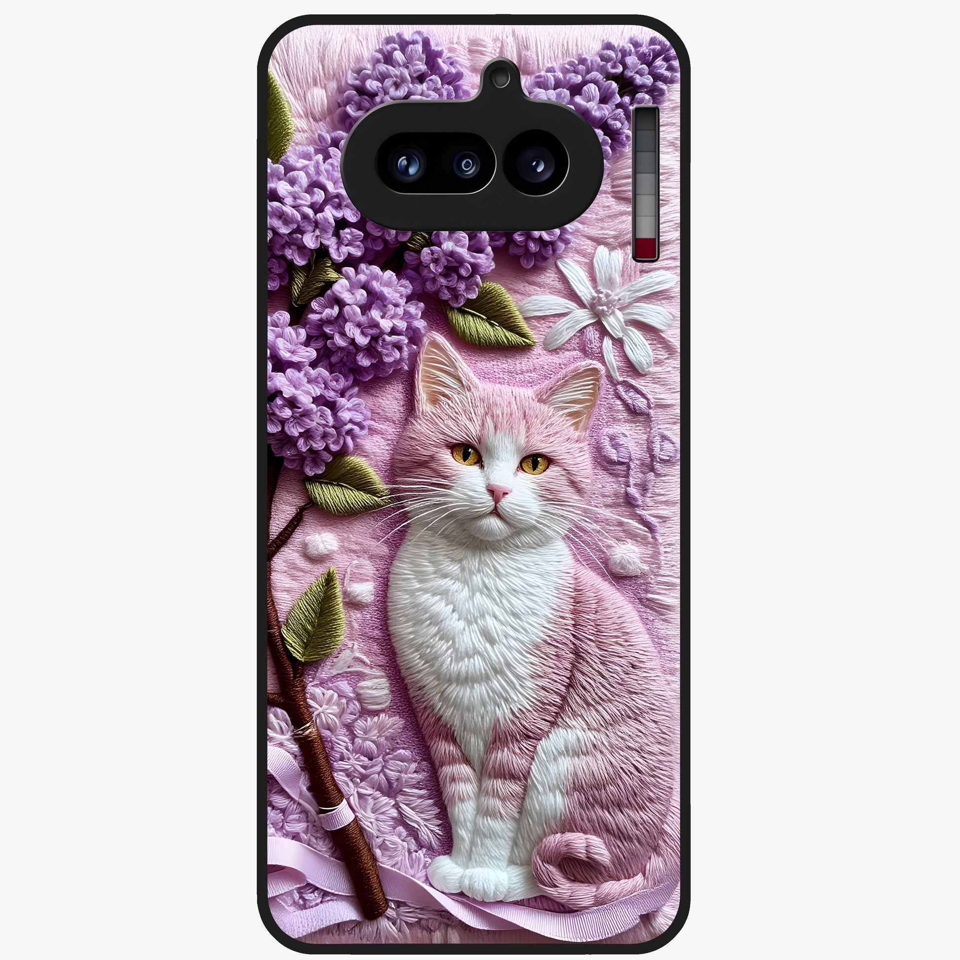 Lavender Cat Whimsy Glass Case showing flat back view with cute lavender cat artwork and glossy glass finish.