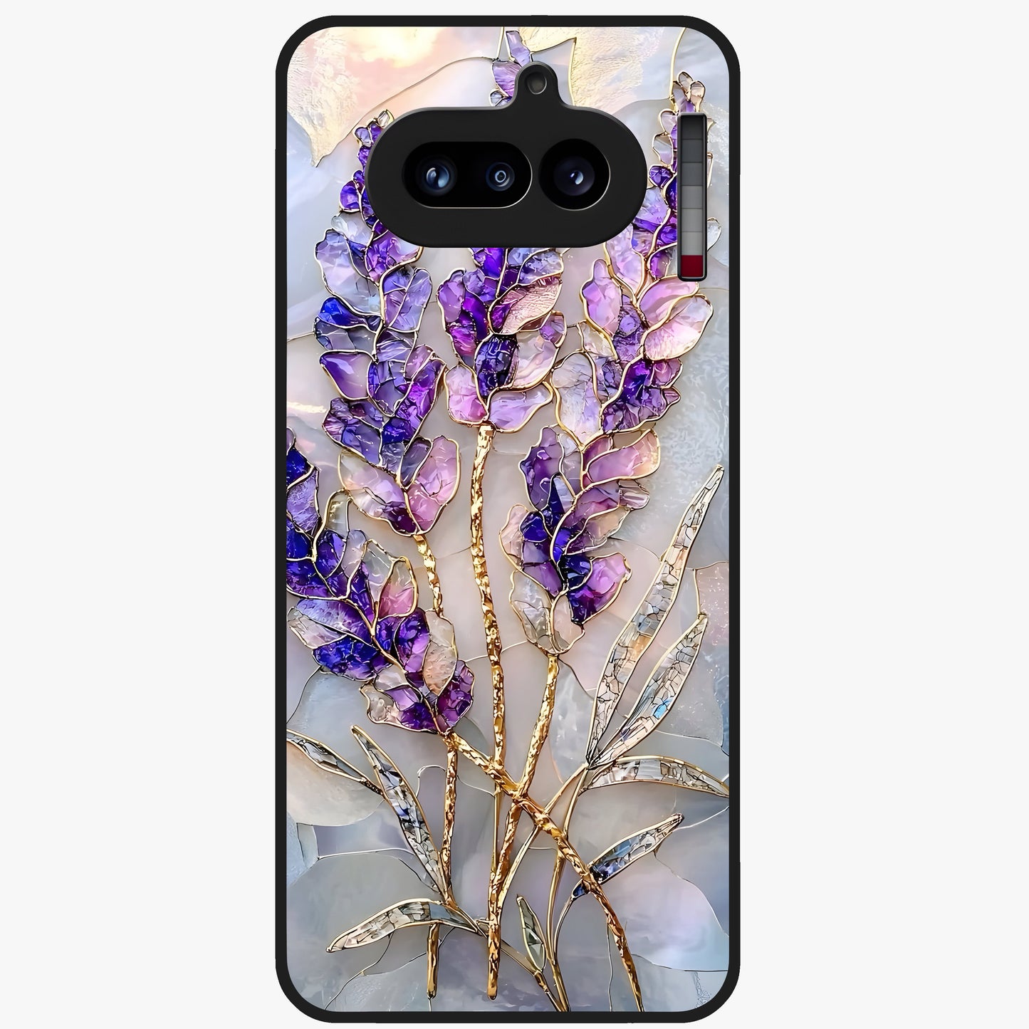 Lavender Dream Glow Glass Case showing flat back view with glowing lavender aesthetic artwork and glossy glass finish.