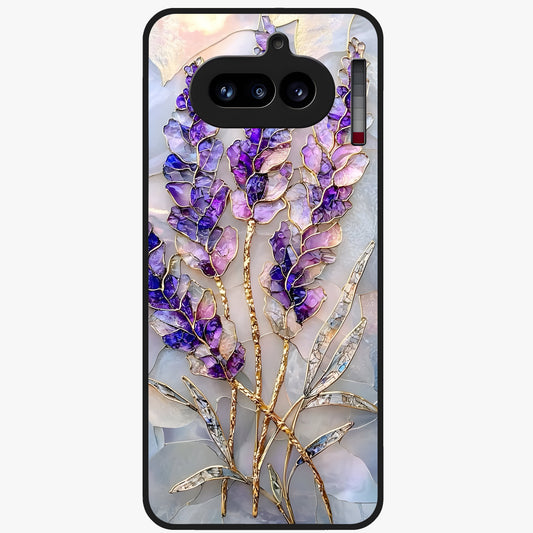 Lavender Dream Glow Glass Case showing flat back view with glowing lavender aesthetic artwork and glossy glass finish.