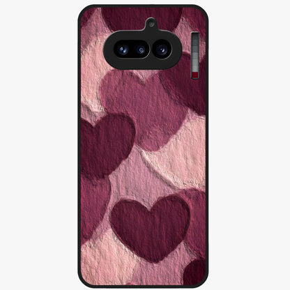 Layered Paper Hearts Glass Case showing flat back view with layered paper heart artwork and glossy glass finish.