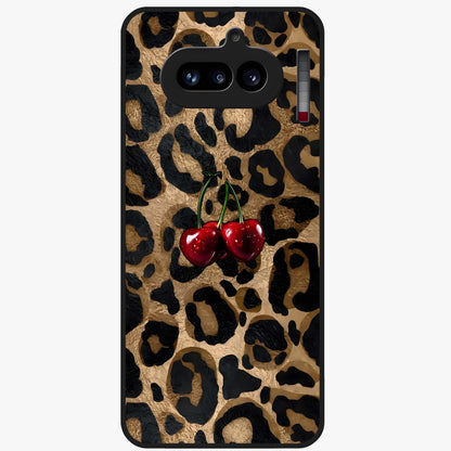 Leopard Wild Cherry Glass Case showing flat back view with leopard pattern and cherry artwork and glossy glass finish.