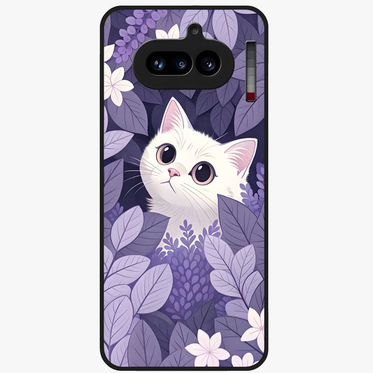 Lilac Hide Peek Cat Glass Case showing flat back view with cute peeking cat artwork and glossy glass finish.